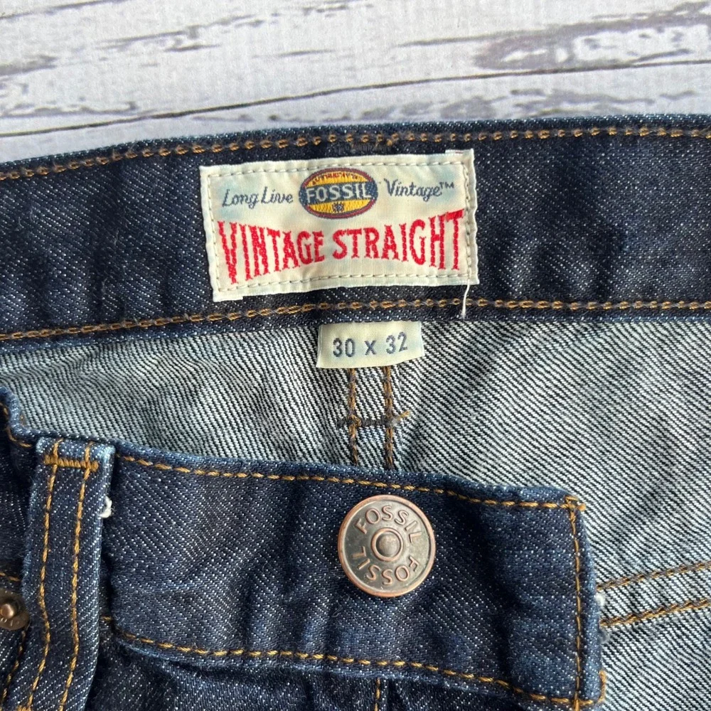Fossil Mens Vintage Straight Dark Indigo Button Fly Jeans‎ Y2K Streetwear 30x32
